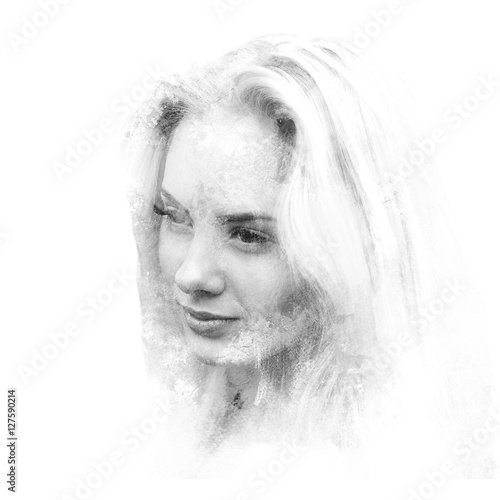 Double exposure of a young beautiful girl. Painted portrait of a female face.Black and white picture isolated on white background. Female sad look. Abstract woman face. Watercolor illustration.