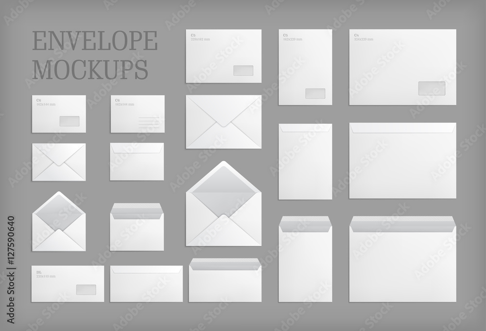 Set of standard white paper envelopes for office document or message. Vector empty mockups. White empty mail envelope with transparent window. Full and folded A4 size. Illustration on gray background - obrazy, fototapety, plakaty 