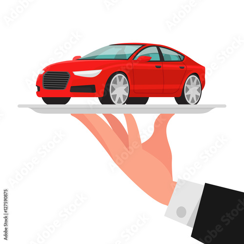 Concept of sale, rent, service of the car. Red sedan on a tray.