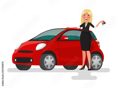 Buying or selling a car. Blonde woman holding the keys near the