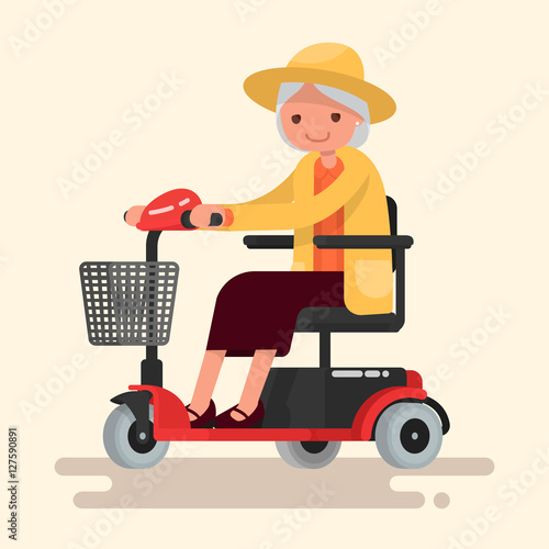 Grandmother, an elderly woman in hat rides on an electric wheelc