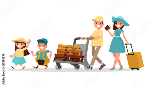 Family travel. Parents and children at the airport fly away for
