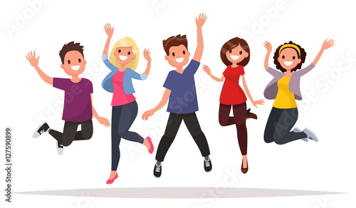 Happy group of people jumping on a white background. The concept