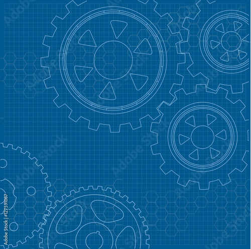 The technical drawing on a blue background