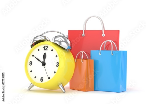 alarm clock and shopping bag (time to buy concept). 3d rendering.