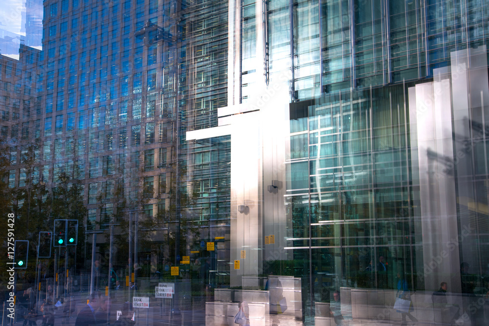 Multiple exposure effect image. Abstract background with modern office  buildings of London. Business and modern life concept.