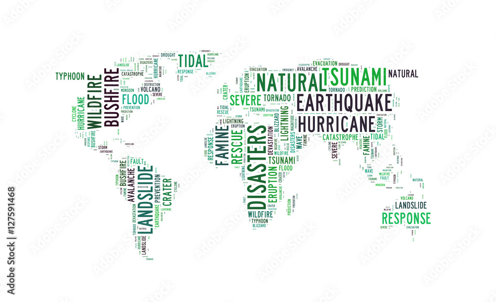 Fototapeta premium Natural disasters word cloud in the shape of the Earth, background