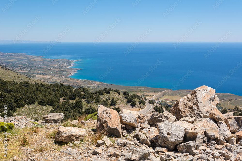 Rocky coast of southern Crete island near Chora Sfakion town. Greece.