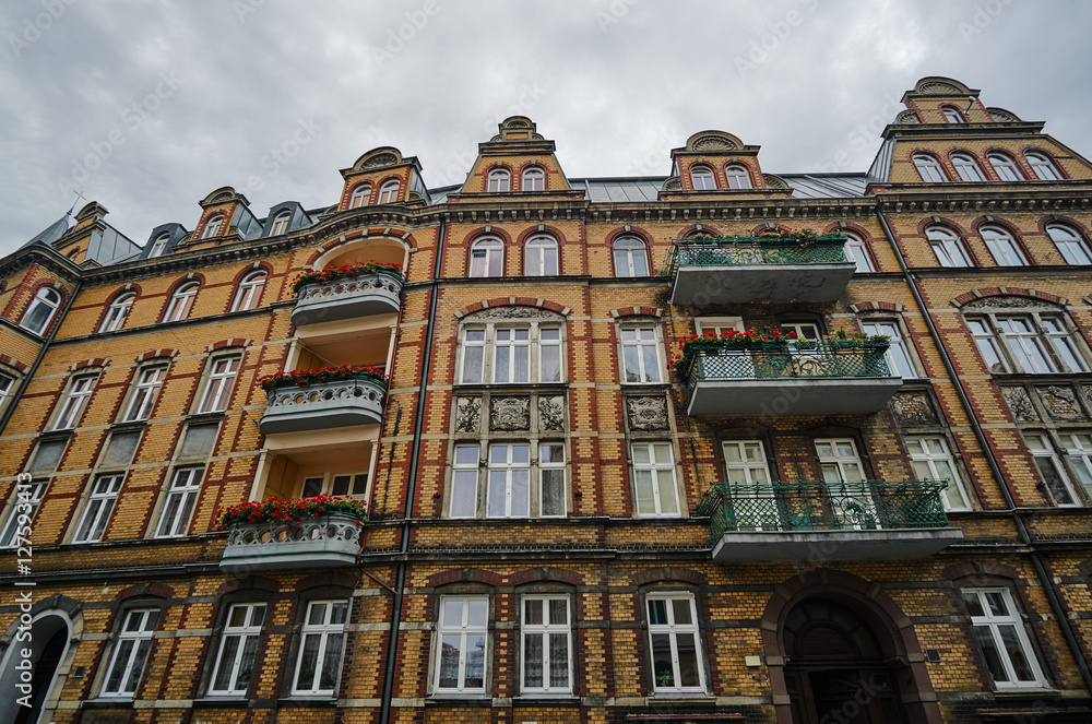 Art Nouveau facade of the building with balconies in Poznan