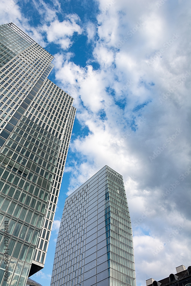 Bottom view of 155 meter high Deutsche Bank Twin Towers