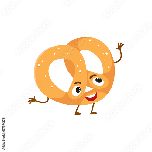 Funny freshly baked pretzel character, cartoon style vector illustration isolated on white background. Cute pretzel character with eyes, legs, and a wide smile