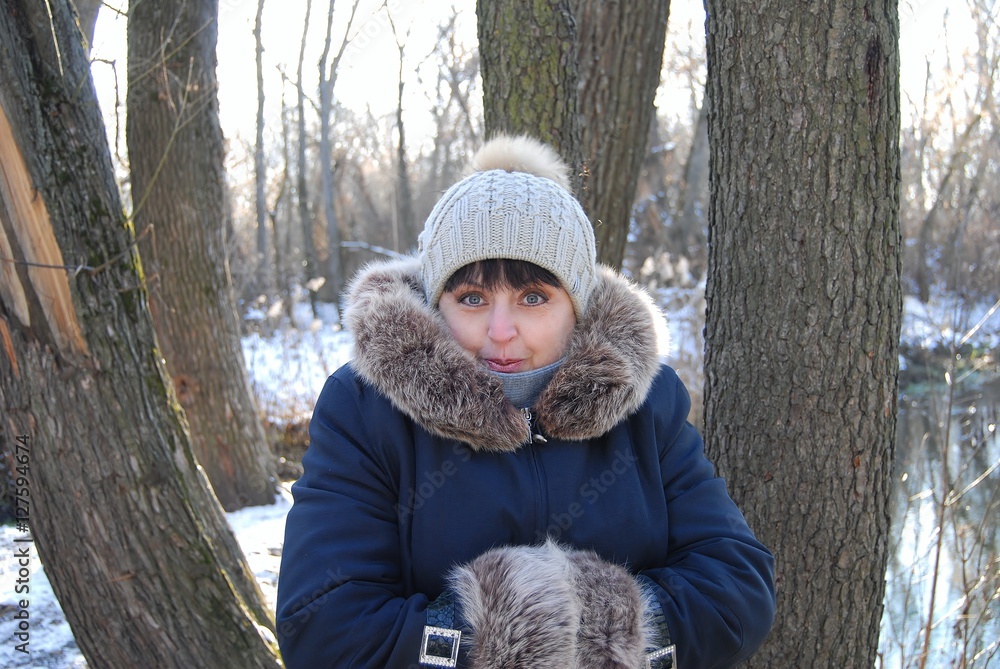 woman in winter forest holiday woman in winter forest holiday