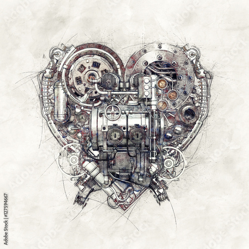Sketch of a technical-mechanical heart, 3D Illustration