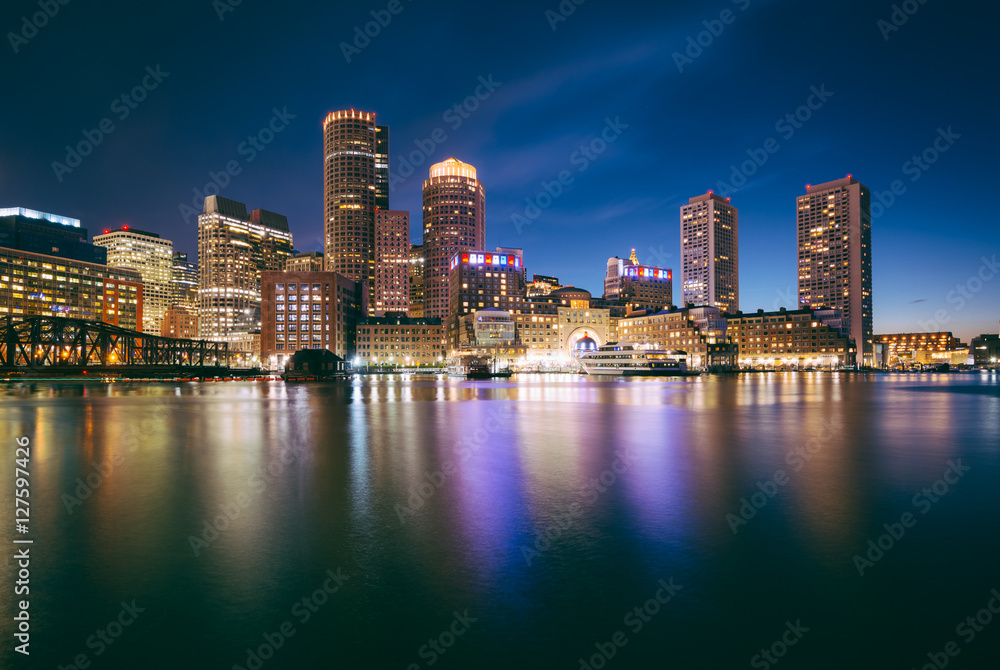 The Boston skyline at night, seen from Fort Point in South Bosto