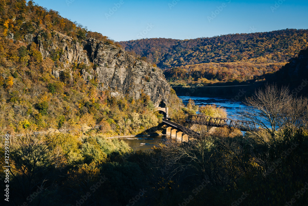 View of railroad bridges and the Potomac River, in Harpers Ferry