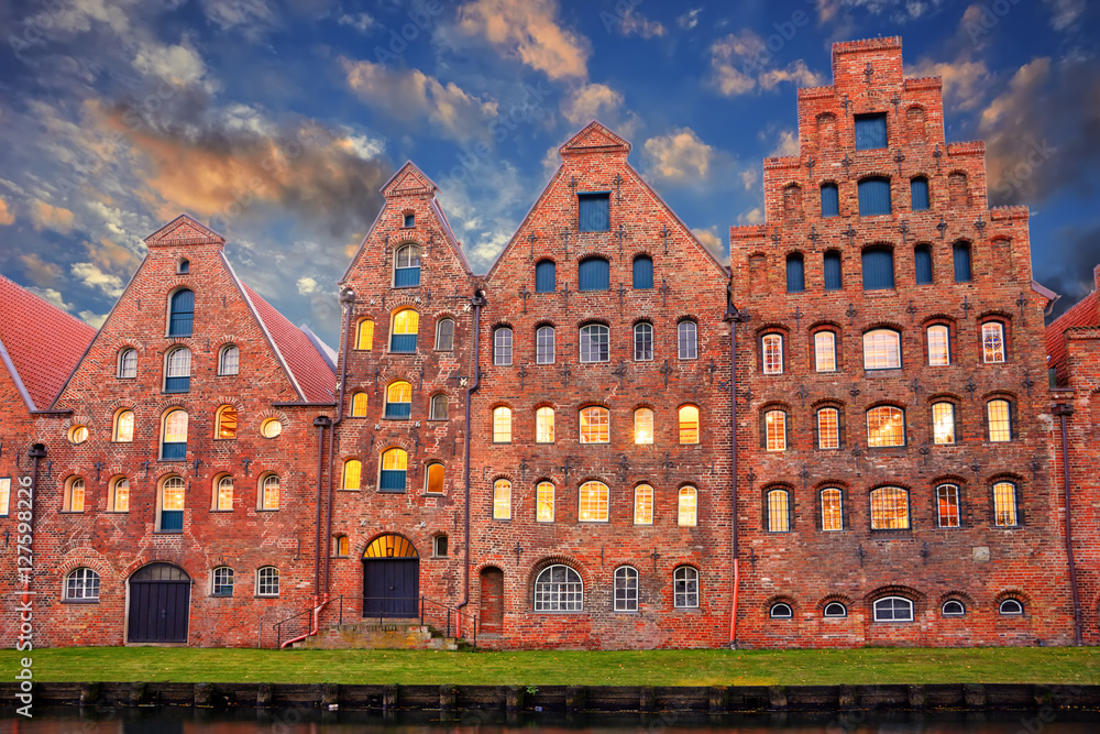 Salt storehouses of Lubeck at night, Germany