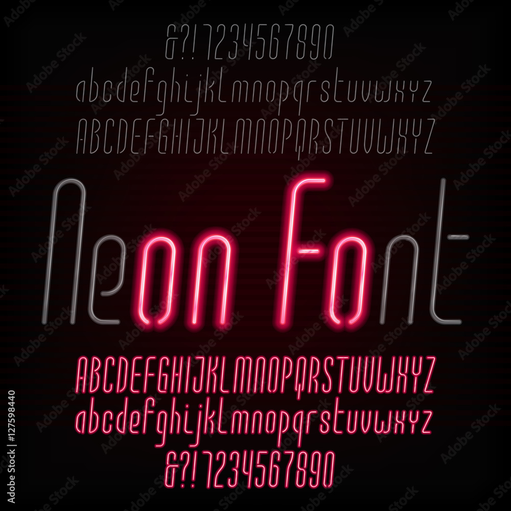 Red neon typeface. Light turn on and off. Modern oblique alphabet. Uppercase and lowercase letters and numbers. Vector font for your design.