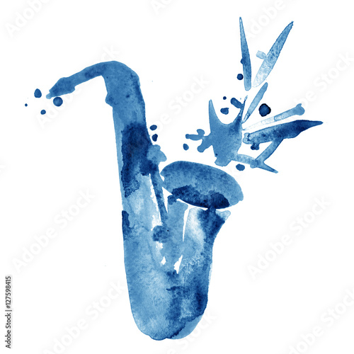 Canvas Print watercolor jazz illustration of blue classical alt saxophone
