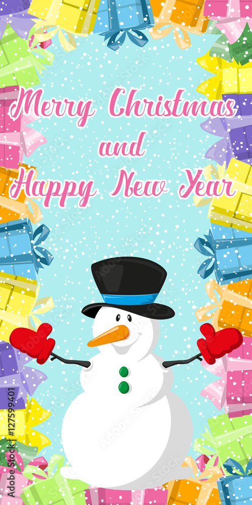 Merry Christmas and Happy New Year banner. Snowman on background gift boxes with big bows and snowflakes. Concept design poster, flyer, invitation, greeting card. Cartoon style. Vector illustration