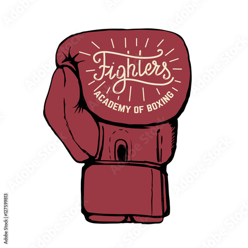  Fighters academy of boxing. Hand drawn boxing gloves isolated on white background. Design element for poster, emblem, t-shirt print. Vector illustration.