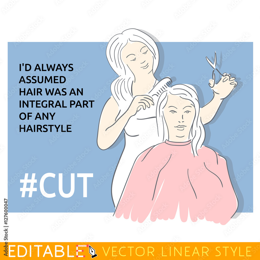 The hairdresser. Hashtag Cut. Meme card. Editable outline sketch. Stock