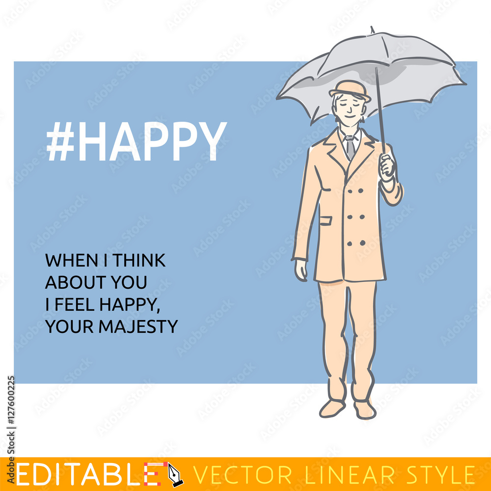 Happy man wearing in the english style suit stands under umbrella. Meme