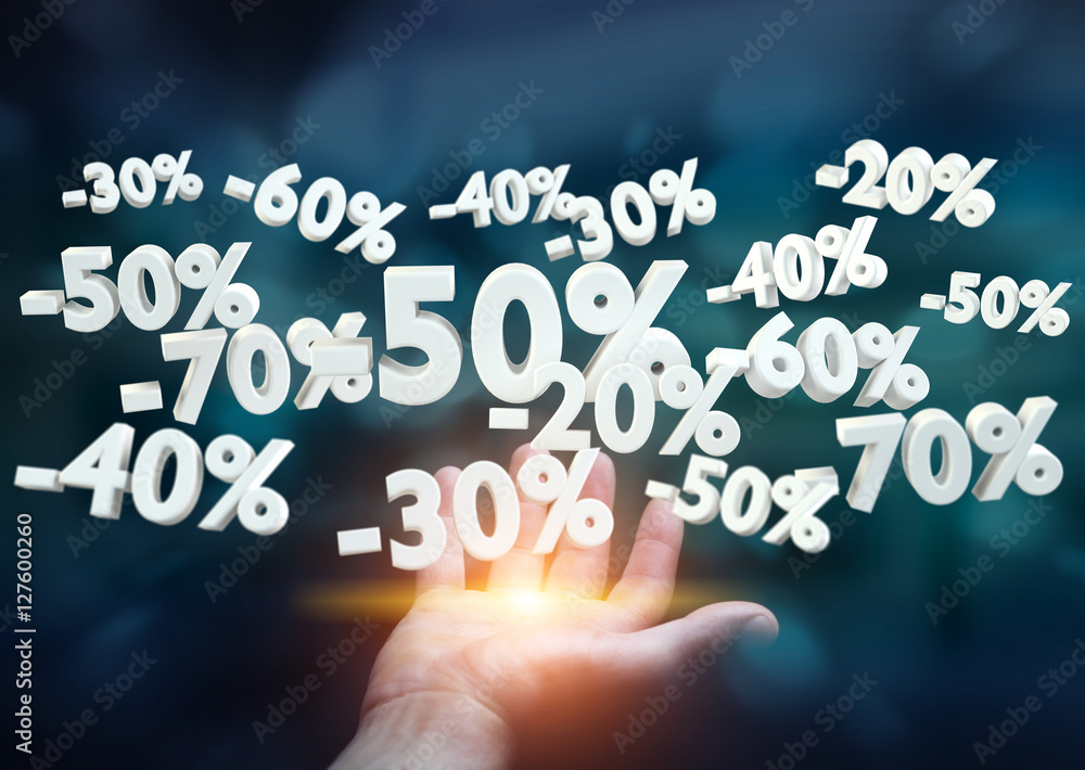 Businessman holding sales icons in his hand 3D rendering Businessman holding sales icons in his hand 3D rendering