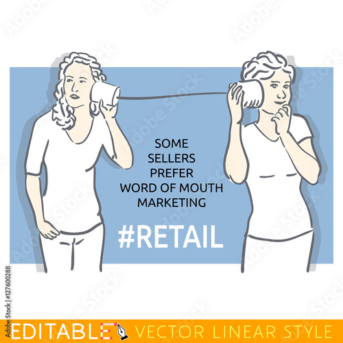 Two young women talk with a can phone. Word of mouth marketing. Meme card. Editable outline sketch. Stock vector illustration.