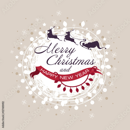 beautiful Christmas card with a garland and a silhouette of flying Santa`s sleigh. vector illustration