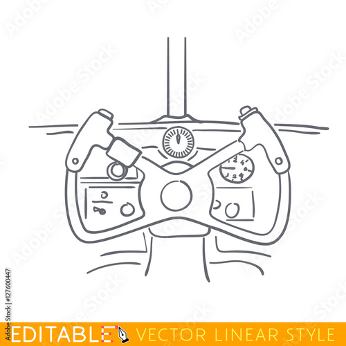 Wheel of aircraft in the cockpit. Editable outline sketch. Stock vector illustration.