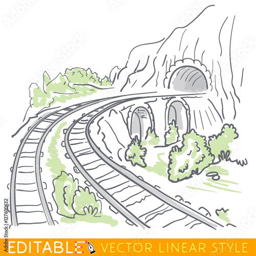 Mountain landscape with a railroad tunnel. Editable outline sketch. Stock vector illustration.