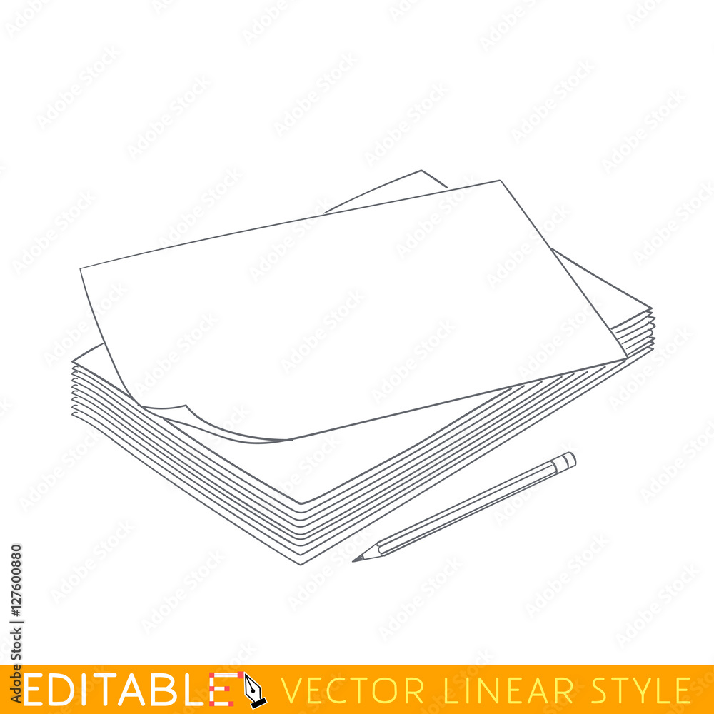 Stack of blank paper and pencil. Editable outline sketch. Stock vector