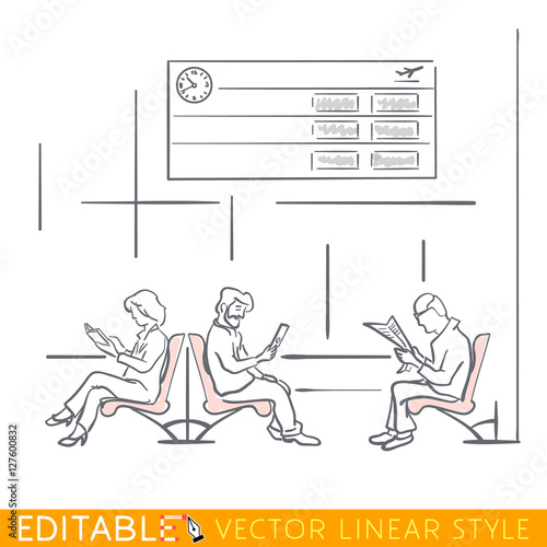 Passengers waiting in airport, sit and read. Editable outline sketch. Stock vector illustration.