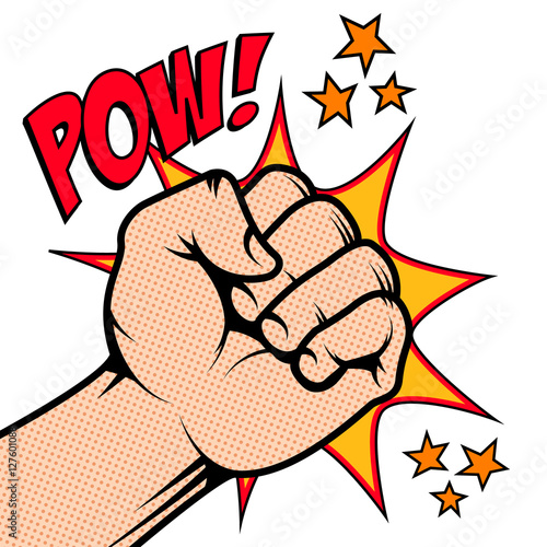 Punching fist in pop art style isolated on white background. Pow! Design element for poster, flyer. Vector illustration.