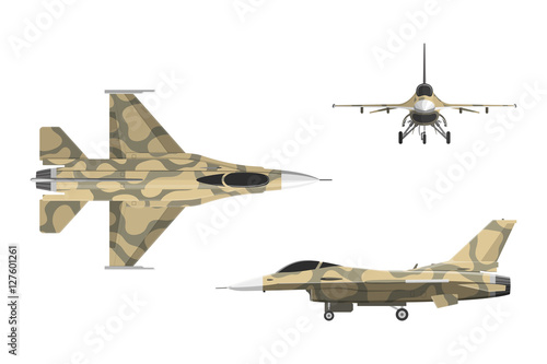 War plane in flat style. Military aircraft in top, side, front v