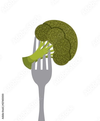 broccoli vegetable in a fork over white background. healthy food design. vector illustration