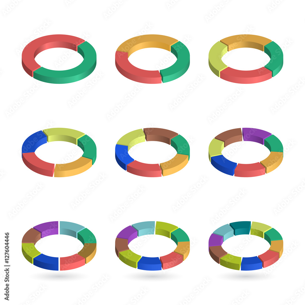 Set of bulk isometric pie charts in ring form. Templates realistic three-dimensional pie charts. Business data, colorful elements for infographics. Vector Set of bulk isometric pie charts in ring form. Templates realistic three-dimensional pie charts. Business data, colorful elements for infographics. Vector