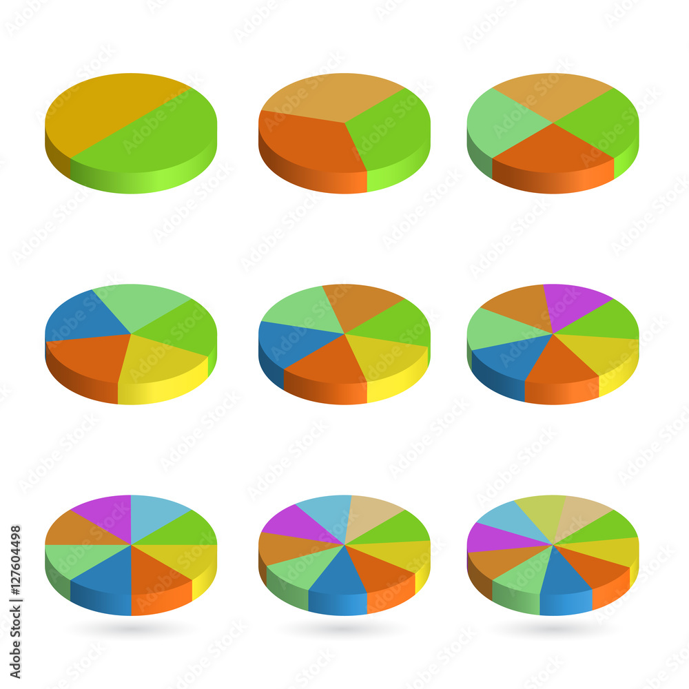 Set of bulk isometric pie charts. Templates realistic three-dimensional pie charts. Business data, colorful elements for infographics. Vector