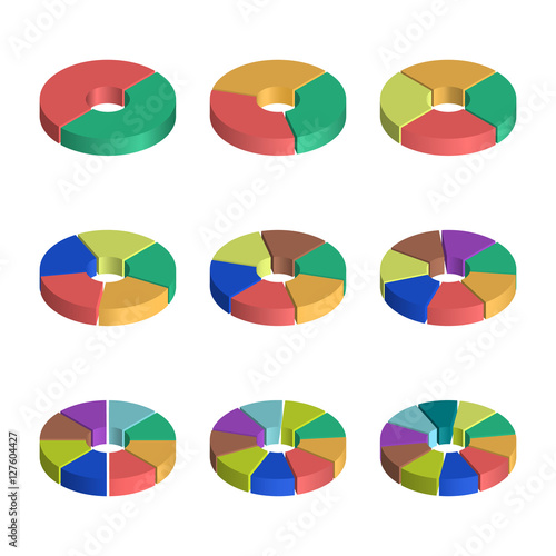 Set of bulk isometric pie charts. Templates realistic three-dimensional pie charts. Business data, colorful elements for infographics. Vector