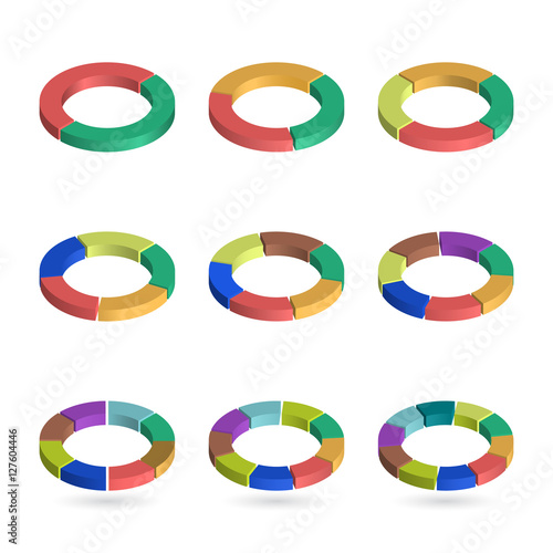 Set of bulk isometric pie charts in ring form. Templates realistic three-dimensional pie charts. Business data, colorful elements for infographics. Vector