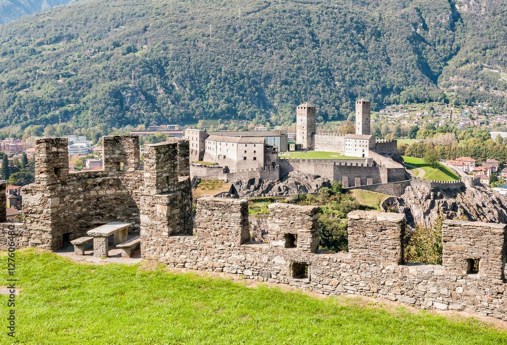 View to the Castelgrande from Montebello Castle, Bellinzona, Switzerland