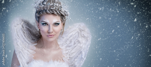 Bild auf Leinwand Magic snow queen - winter woman with wings, winter fairy