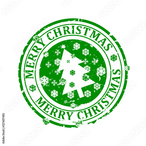 Damaged round green stamp with the words - Merry Christmas - a Christmas tree and snowflakes - vector svg