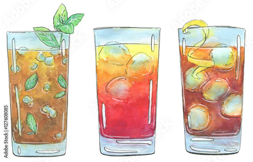 hand drawn set of watercolor cocktails Long Island Iced Tea Sex