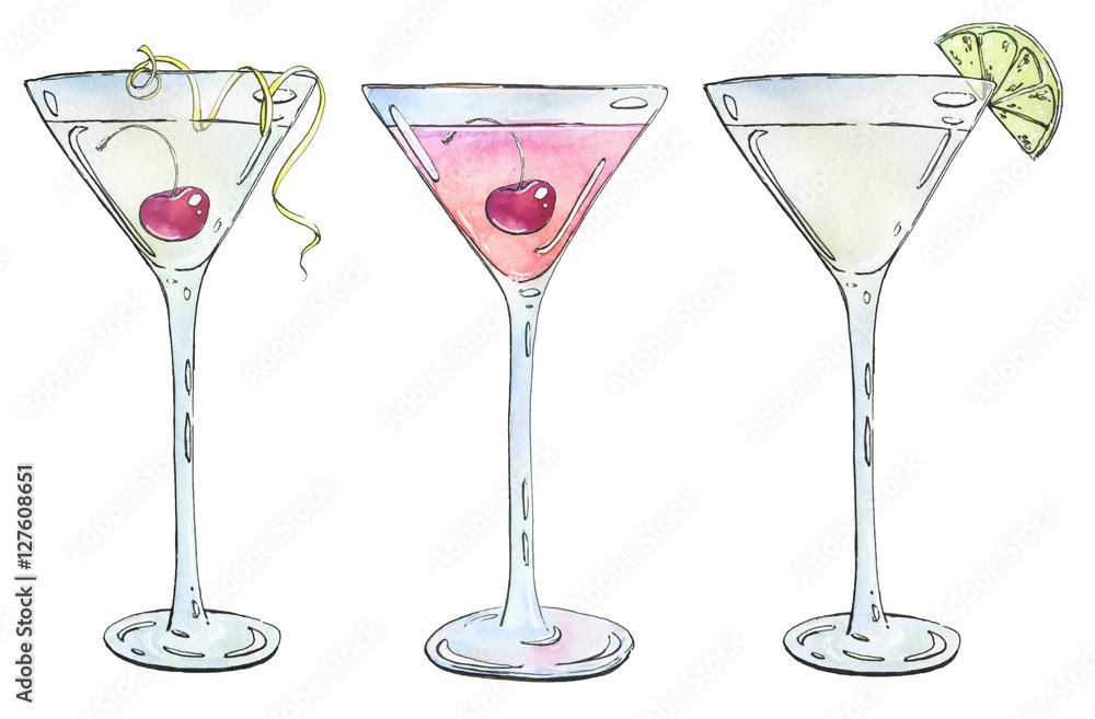 hand drawn set of watercolor cocktails Casino Rose Kamikaze on w hand drawn set of watercolor cocktails Casino Rose Kamikaze on w