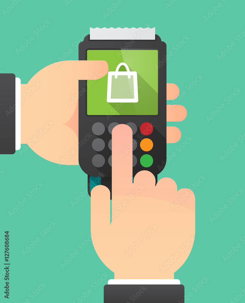Hands with a dataphone with a shopping bag Hands with a dataphone with a shopping bag