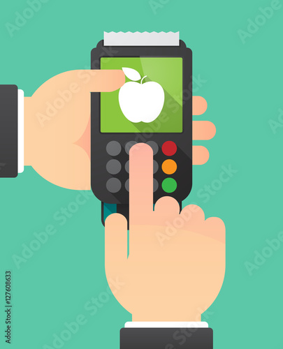 Hands with a dataphone with an apple
