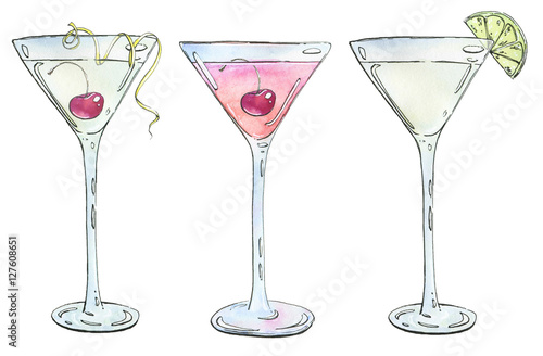 hand drawn set of watercolor cocktails Casino Rose Kamikaze on w