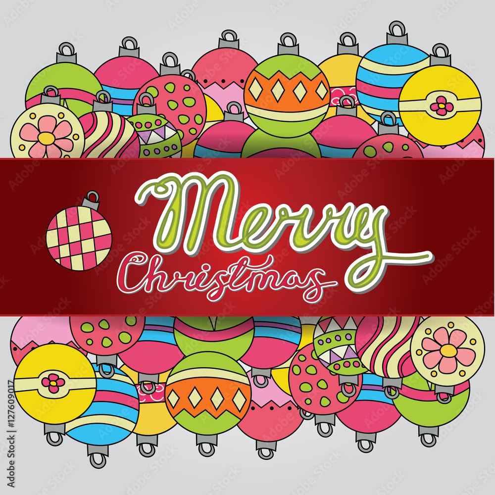 Merry Christmas card background design with decoration balls elements. Greeting card doodle vector illustration with lettering.