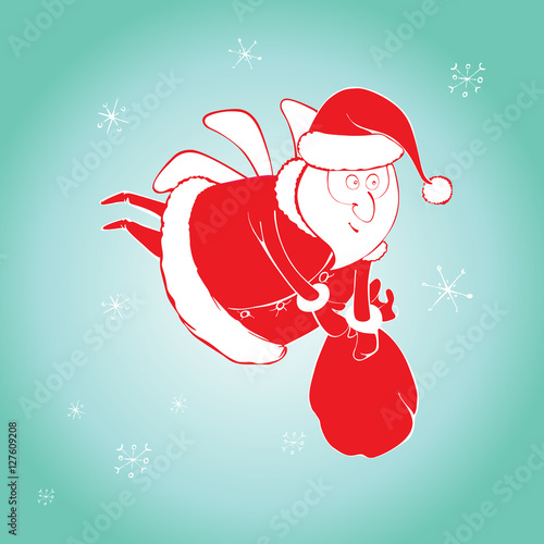 Santa Claus with bag of gifts and presents. Flying Santa on blue sky background with snowflakes. Vector Illustration